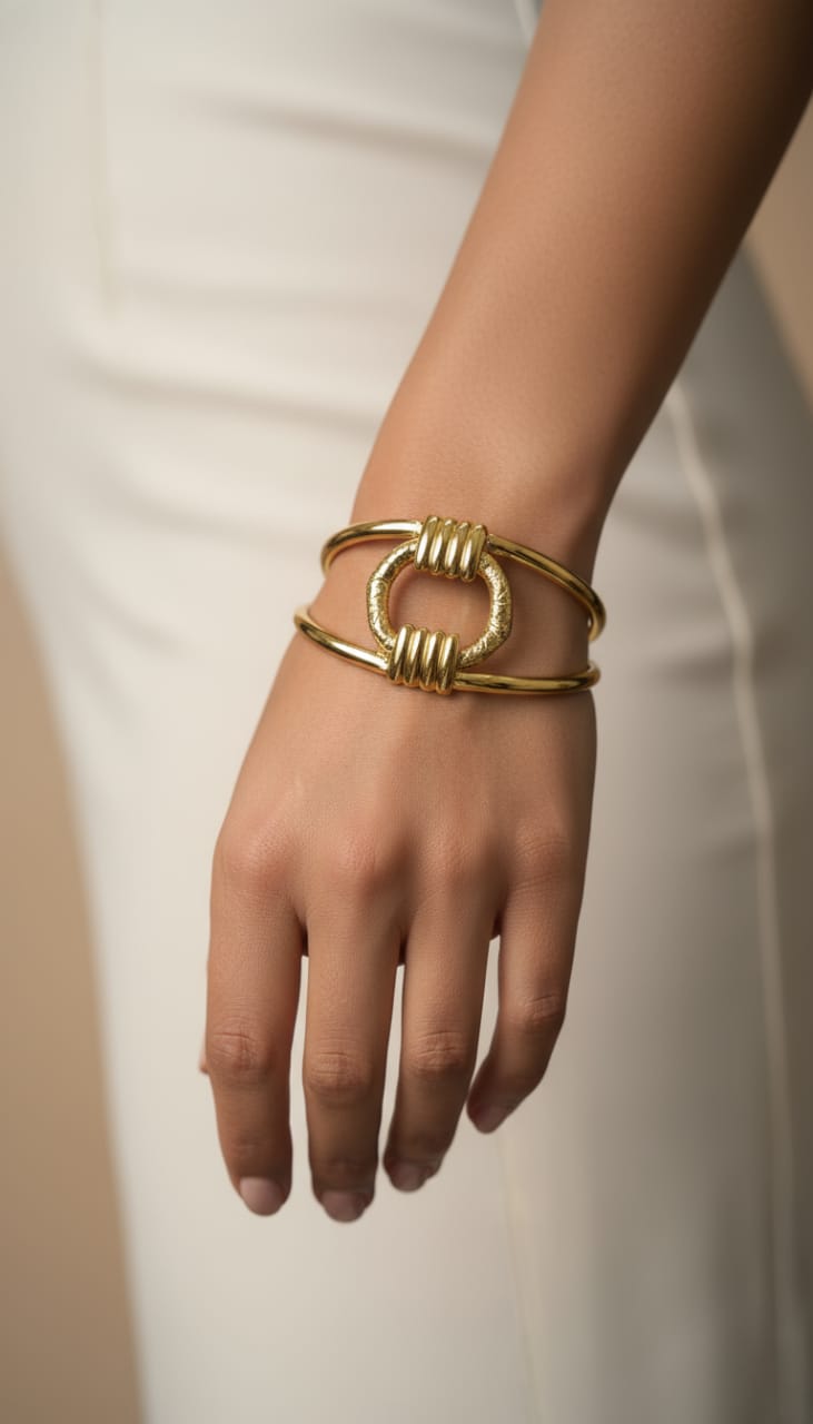 Elegant Gold-Tone Open Cuff Bracelet with Textured Circular Center Design