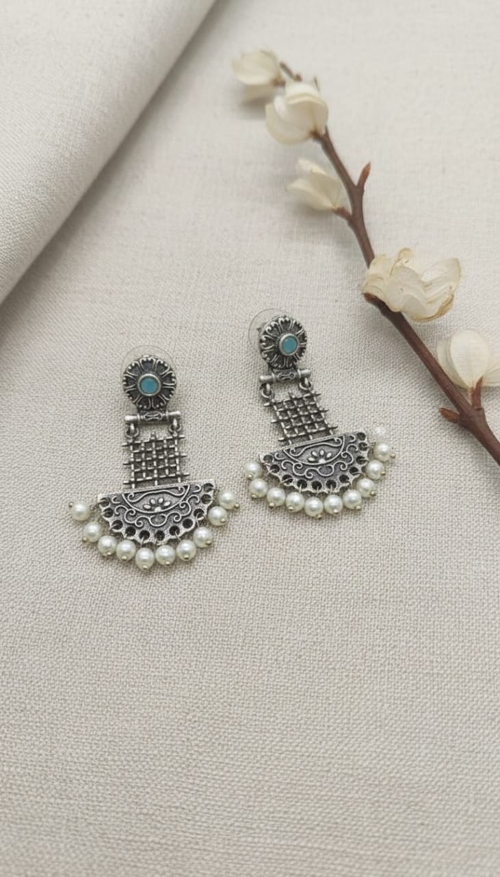 Oxidised blue danglers with pearl