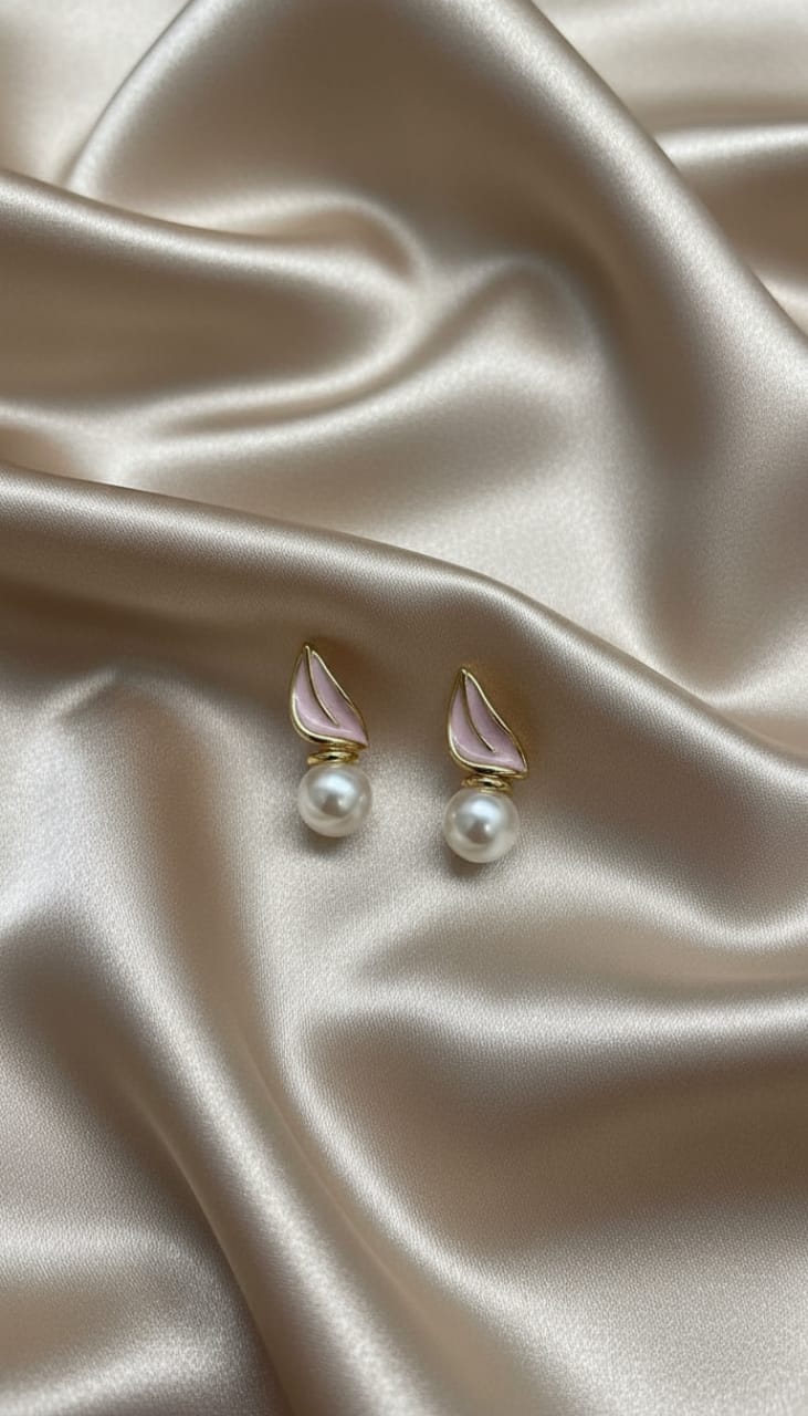 Gold-Plated Pink Enamel Leaf and Pearl Stud Earrings – Elegant Feminine Design