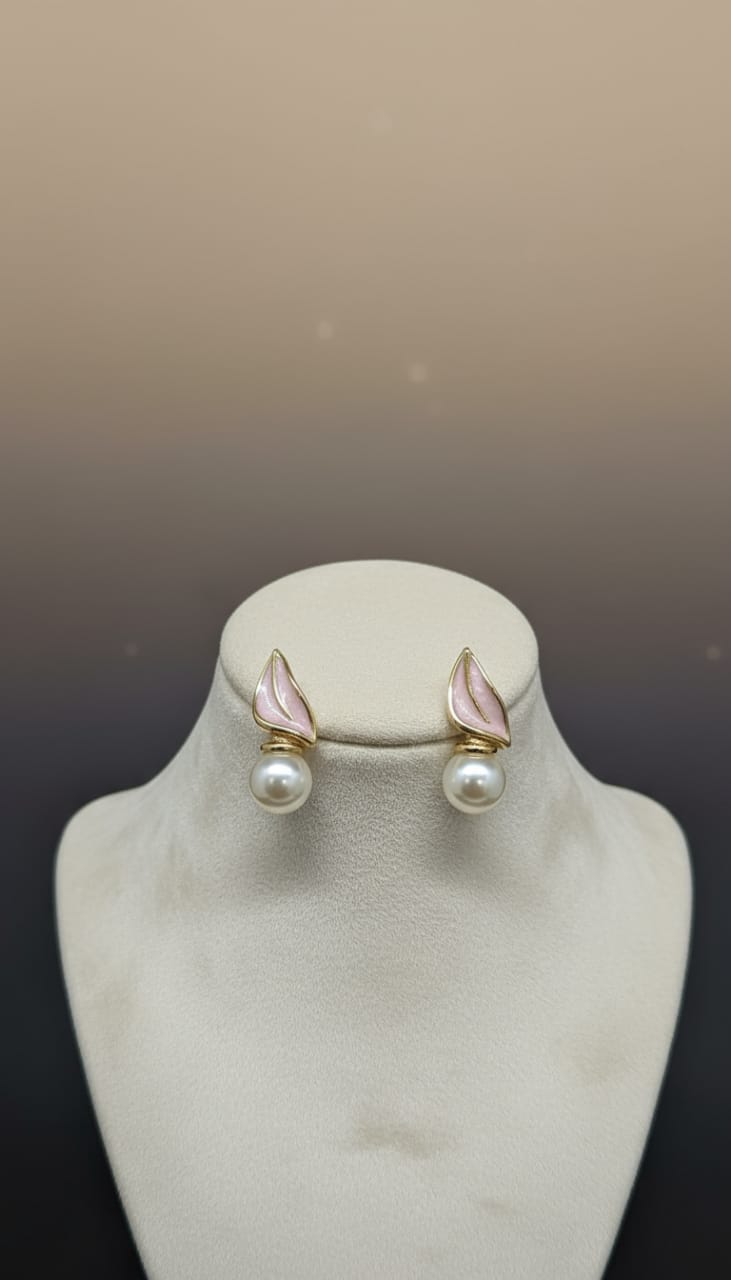 Gold-Plated Pink Enamel Leaf and Pearl Stud Earrings – Elegant Feminine Design