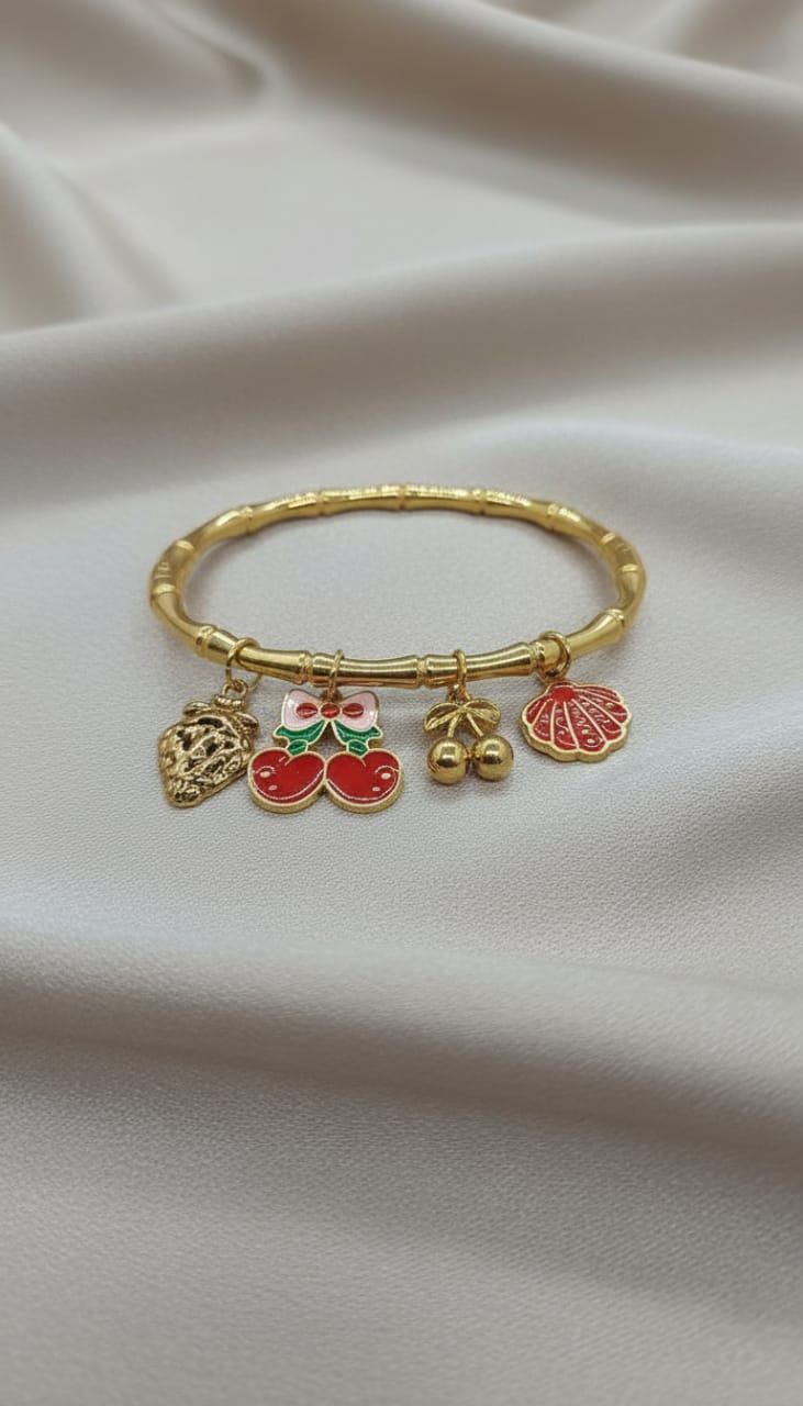 Gold Charm Bangle with Enamel Cherry, Shell & Strawberry Charm