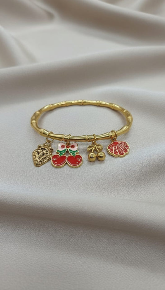 Gold Charm Bangle with Enamel Cherry, Shell & Strawberry Charm