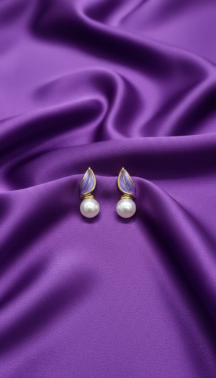 Gold-Plated Pink Enamel Leaf and Pearl Stud Earrings – Elegant Feminine Design