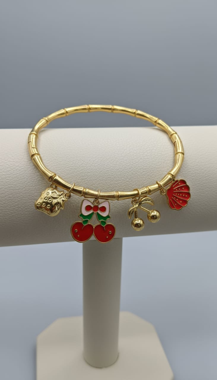 Gold Charm Bangle with Enamel Cherry, Shell & Strawberry Charm
