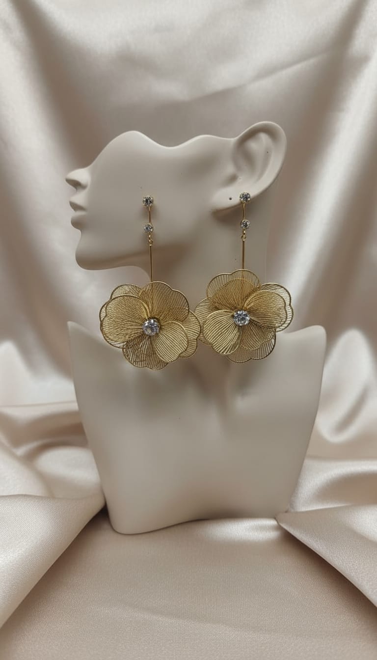 Gold Floral Wire Mesh Drop Earrings with Crystal Center – Elegant Statement Jewelry